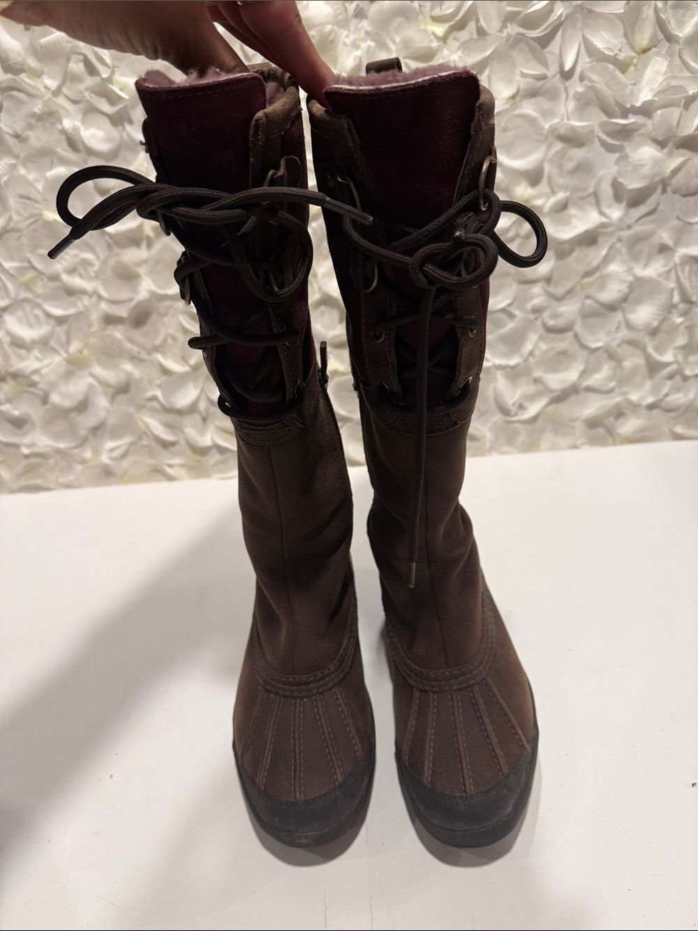 UGG Brown Lace-Up Tall Winter Boots with Plum Lining